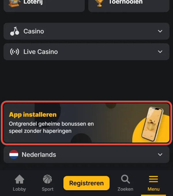 Blok App installeren onderaan het mobiele menu van Kaasino