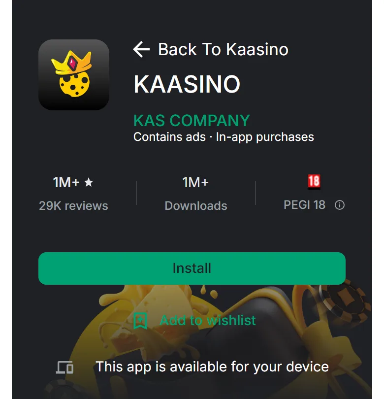 Installatiepagina van de Kaasino web-app voor Android met de knop Install
