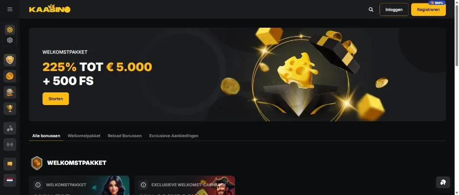 Promotiepagina van Kaasino met het welkomstpakket van 225 procent