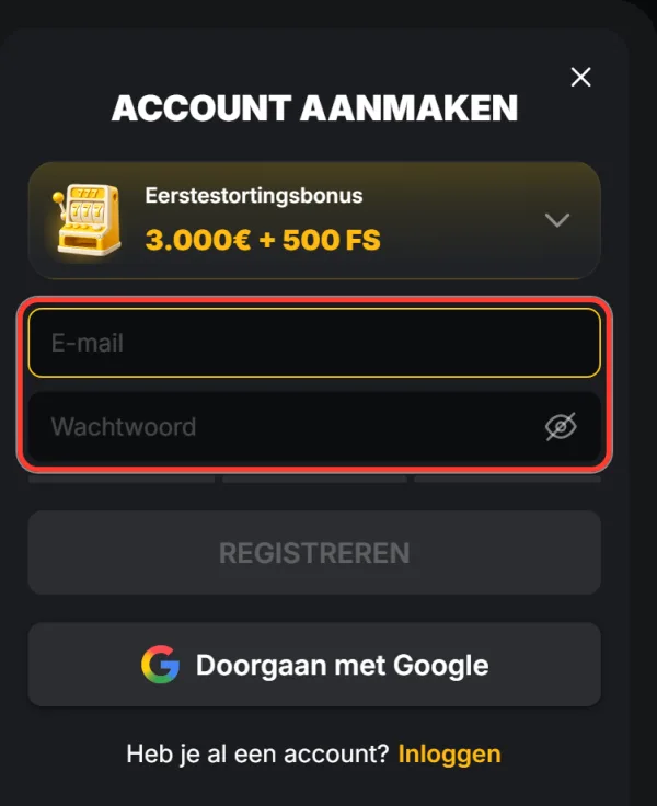 Velden voor e-mail en wachtwoord in het formulier Account aanmaken