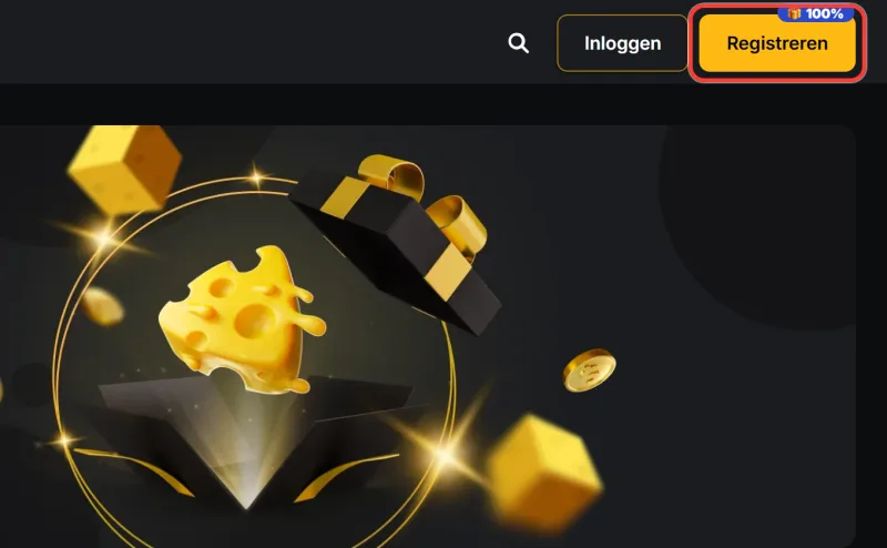 Knop Registreren rechtsboven in de kop van de Kaasino website