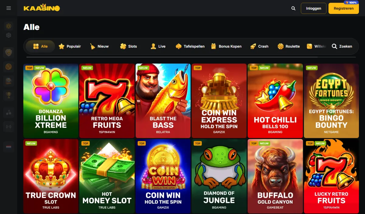Lobby van Kaasino met alle spellen en de balk met categorieën