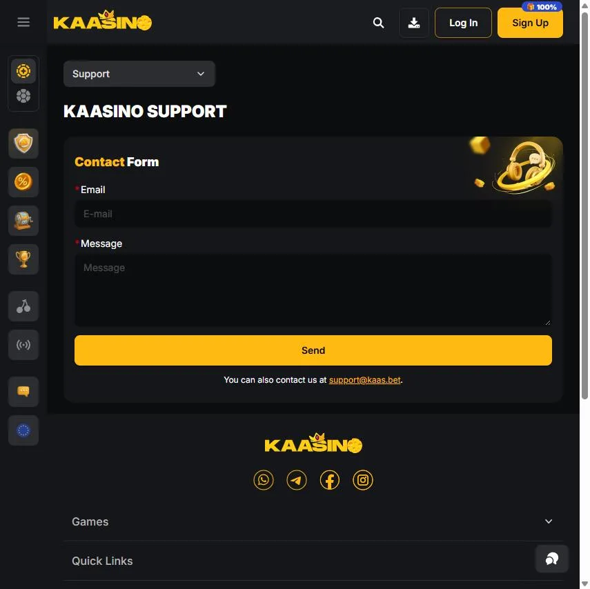 Contactformulier van de klantenservice met het e-mailadres support@kaas.bet