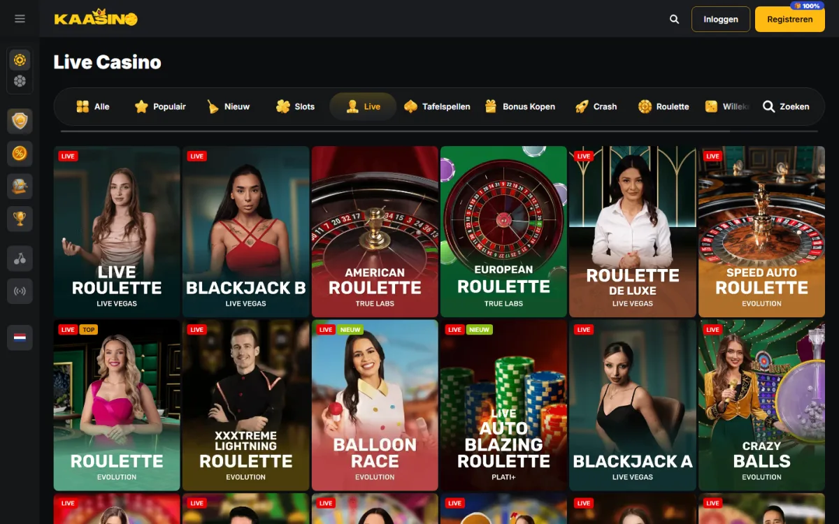 Live casino lobby met live roulette en blackjack tafels