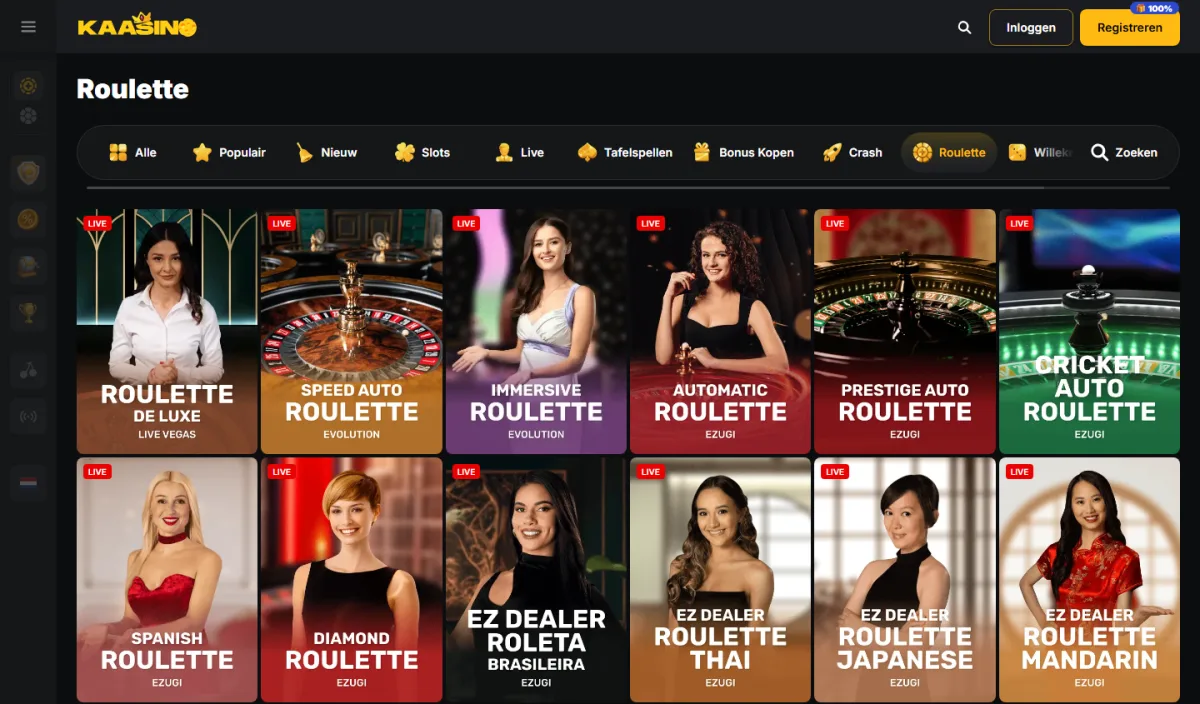 Roulettecategorie met live tafels zoals Roulette De Luxe en Speed Auto Roulette