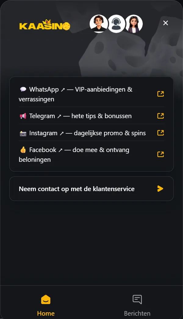 Chatwidget van Kaasino met links naar WhatsApp, Telegram, Instagram en Facebook