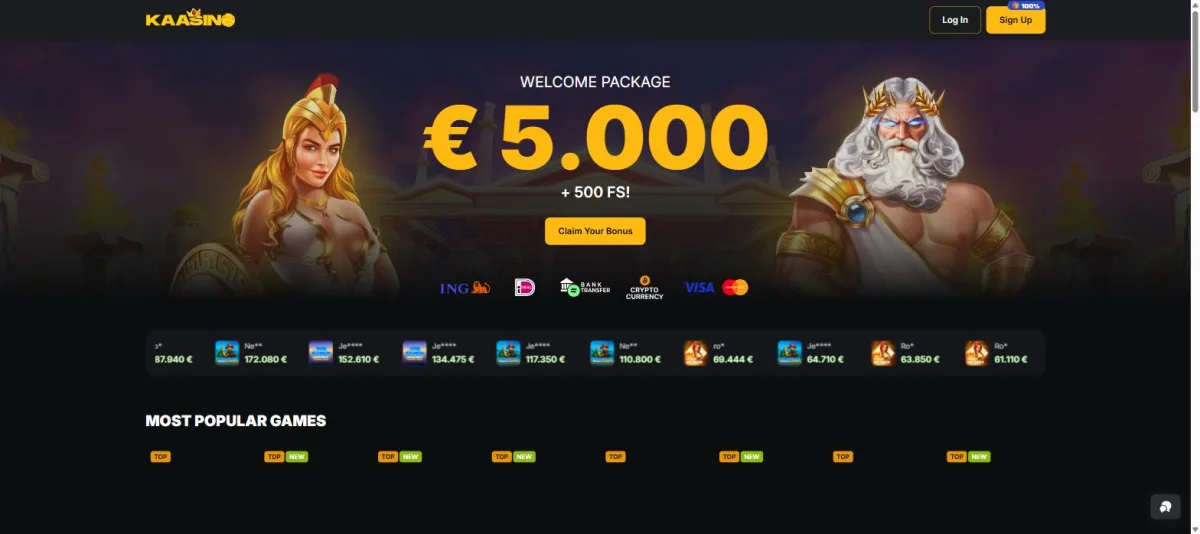 Startpagina van Kaasino met het Welcome Package van 5.000 euro en 500 free spins