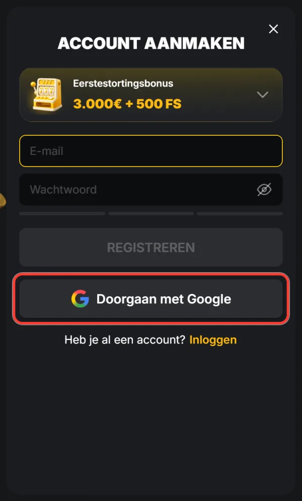 Knop Doorgaan met Google in het venster Account aanmaken