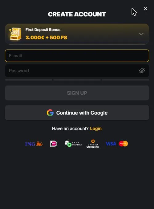 Registratieformulier van Kaasino met bonuskeuze, e-mail, wachtwoord en Google
