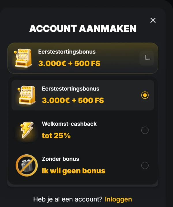 Formulier Account aanmaken met de open keuzelijst voor je welkomstbonus