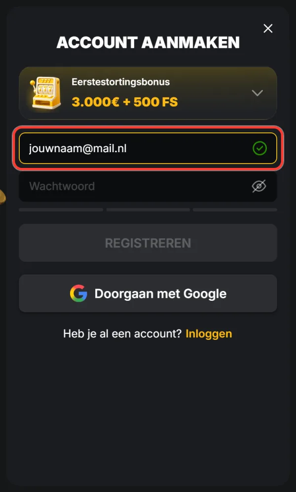 Ingevuld e-mailveld in het registratieformulier van Kaasino