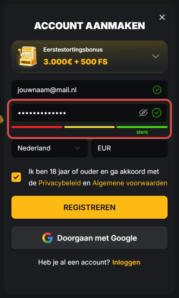 Wachtwoordveld met sterkte-indicator die sterk aangeeft