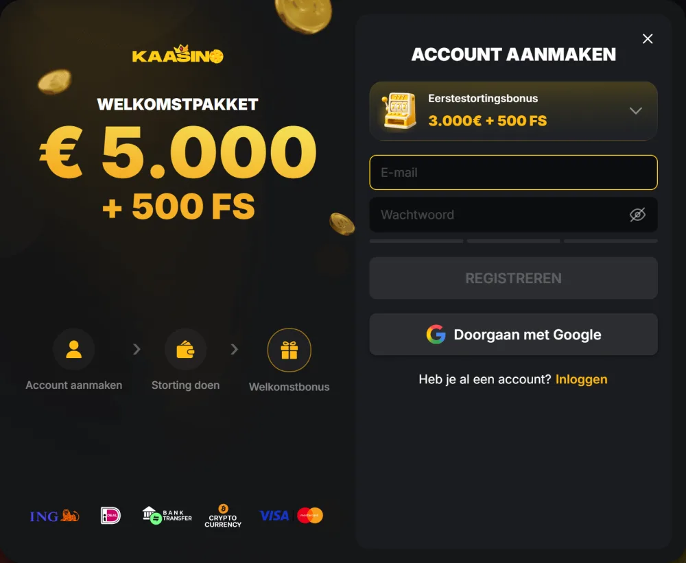 Venster Account aanmaken van Kaasino met welkomstpakket van 5.000 euro en bonuskeuze