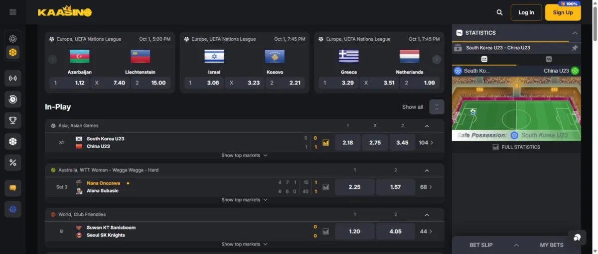Sportsectie met Top Matches, In-Play wedstrijden en live statistieken