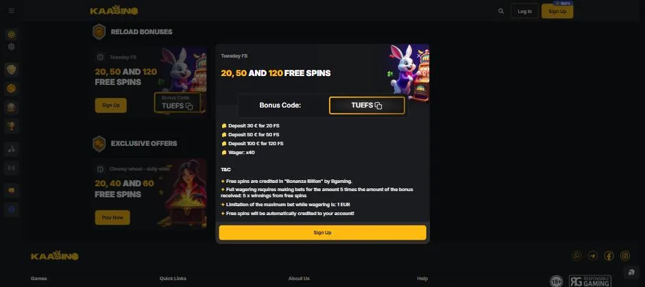 Tuesday FS actie met 20, 50 of 120 free spins en code TUEFS
