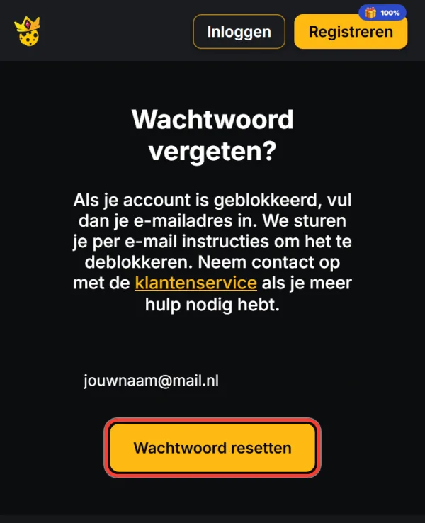 Knop Wachtwoord resetten om een herstelmail aan te vragen